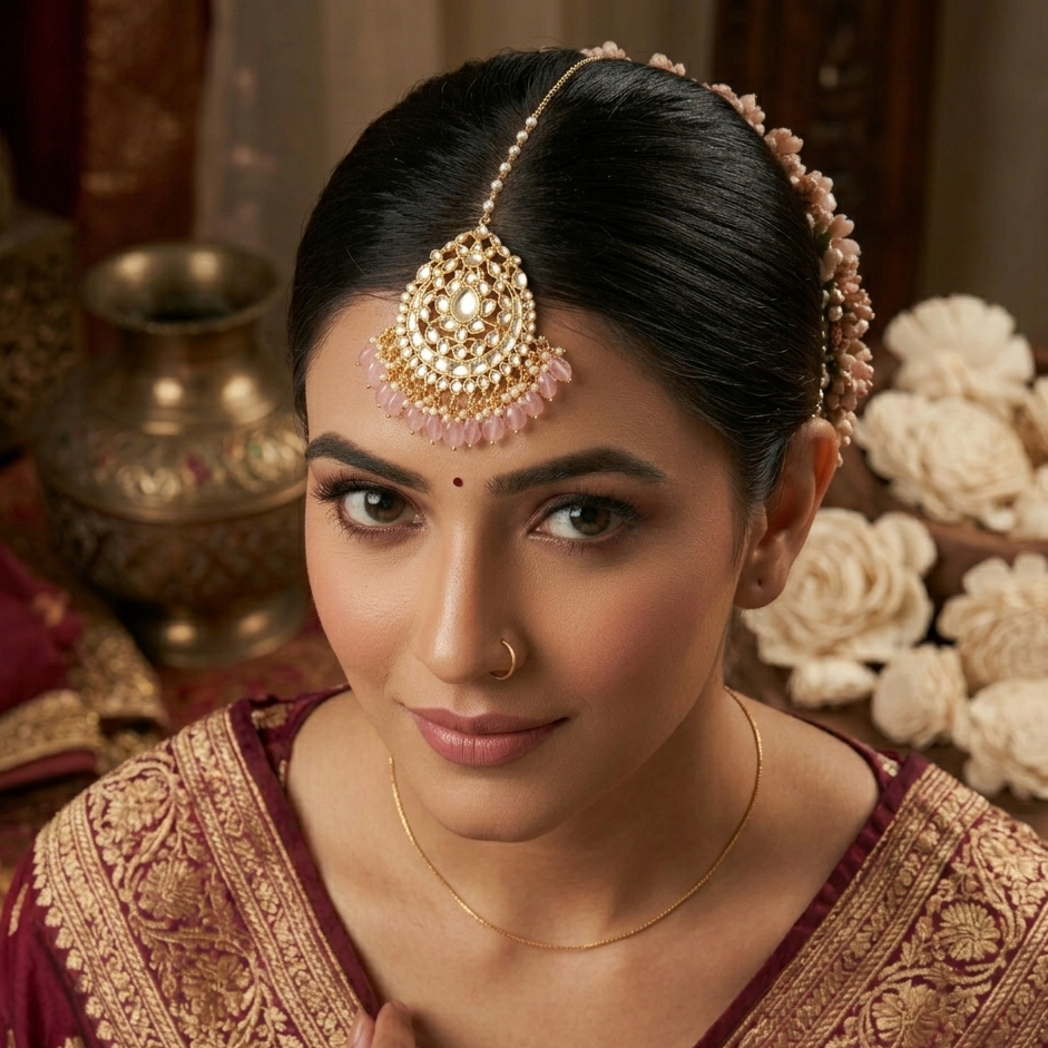 Light pink beaded maang tikka