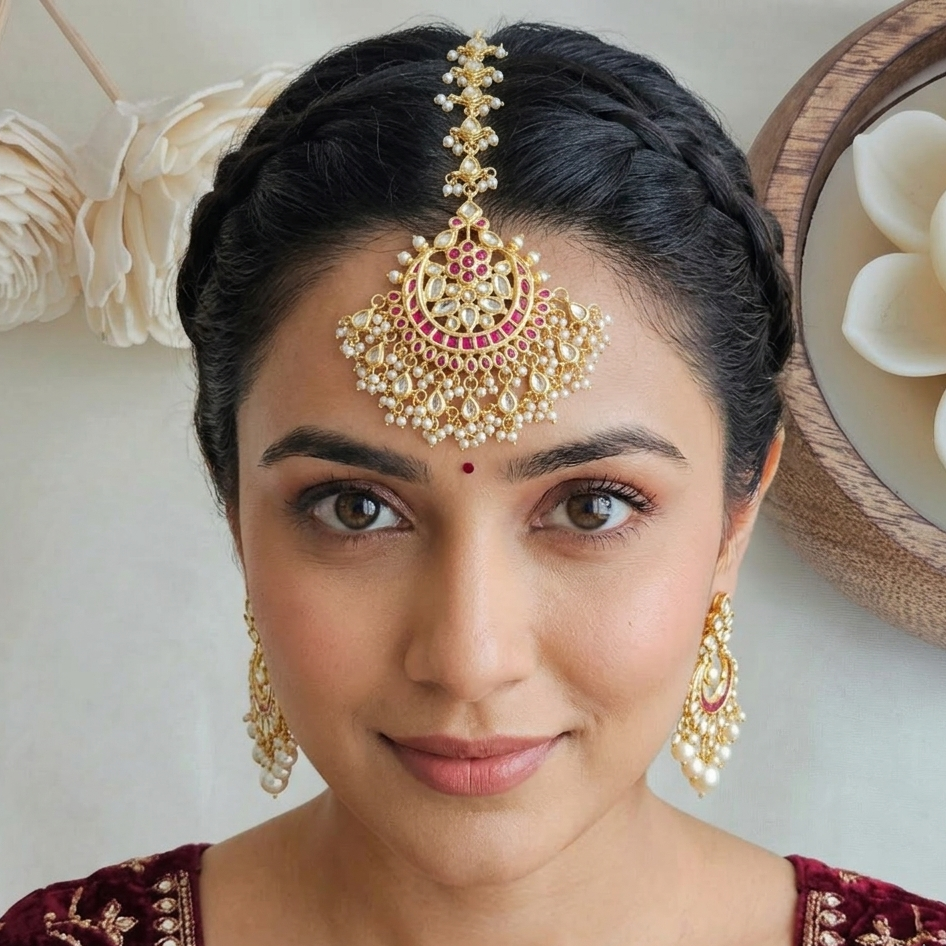 Rani pink kudan maang tikka