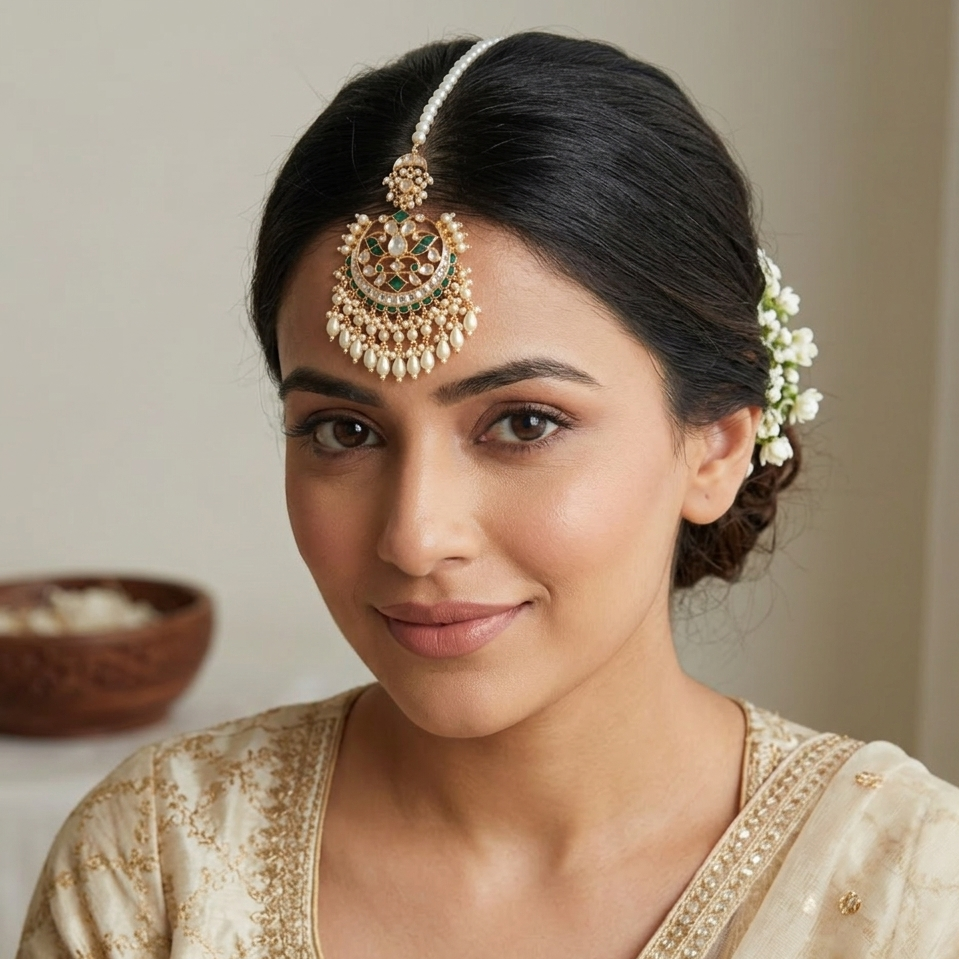 Emerald and kundan maang tikka