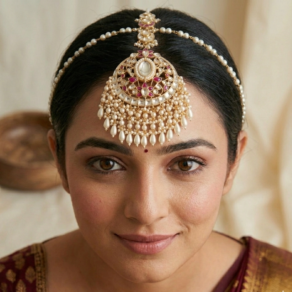 Pink kundan maang tikka