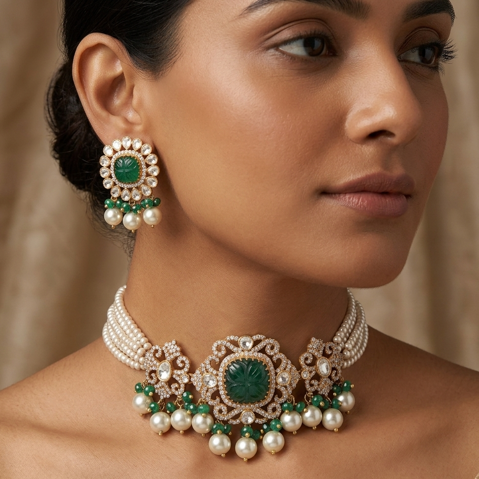 Moissanite Polki Kundan Choker Necklace Set with Earrings