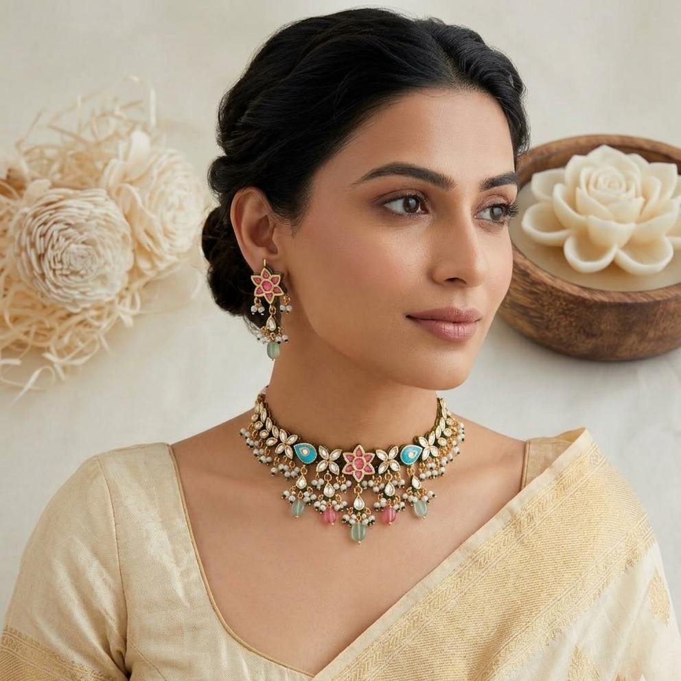 Hot pink and firoza chokar set