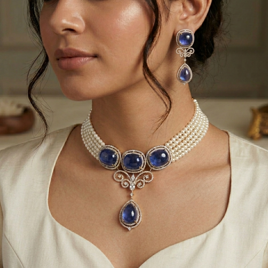 Blue sapphire and pearl choker set