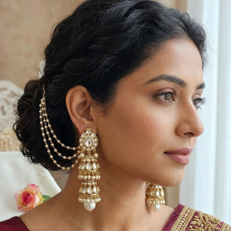 Pearl droplet kundan jhumki with earchains