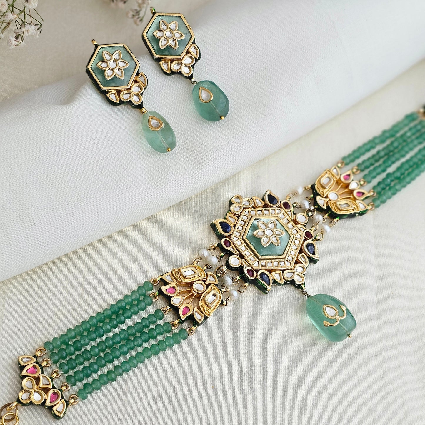 Regal green bead chokhar set