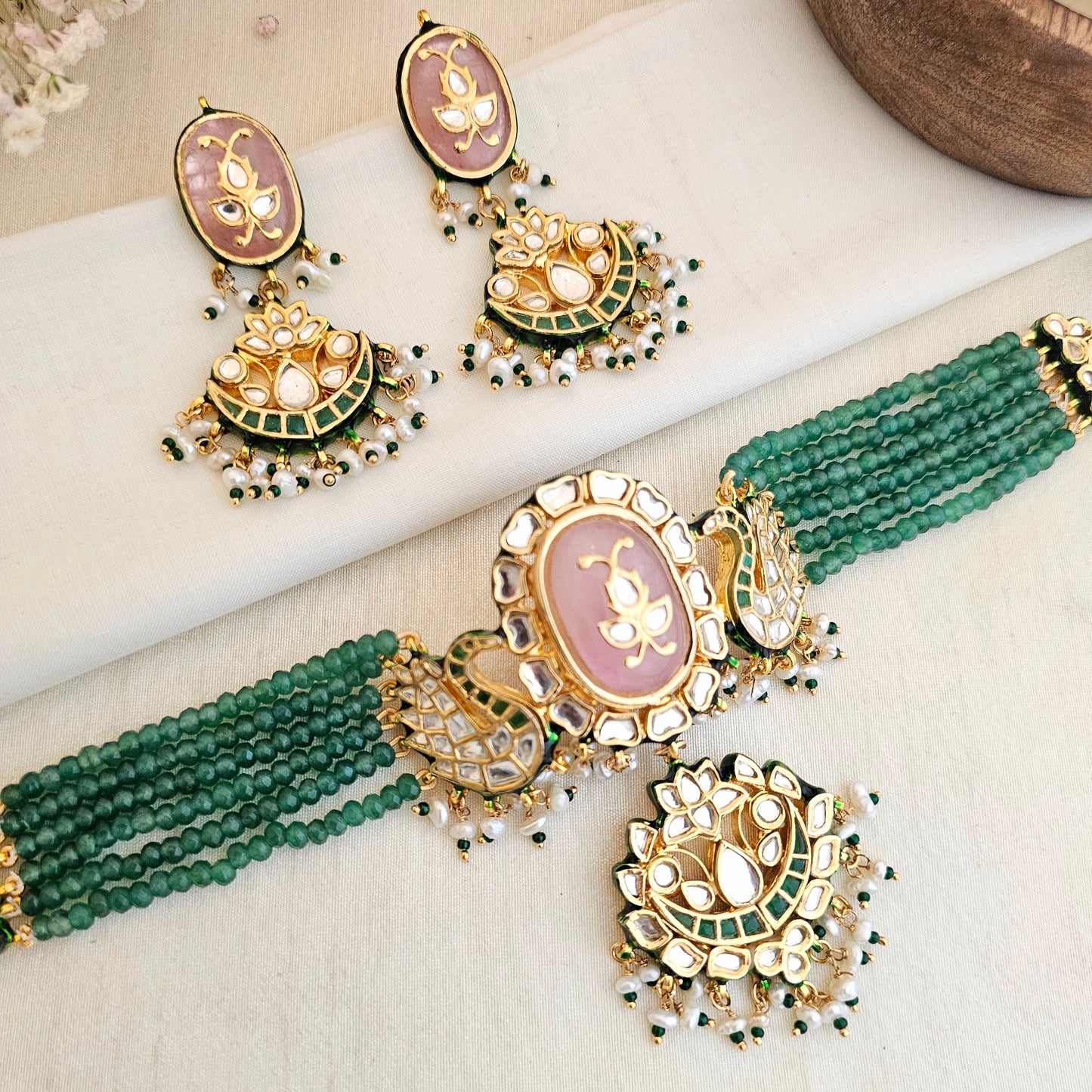 Pink and green beaded chokhar set