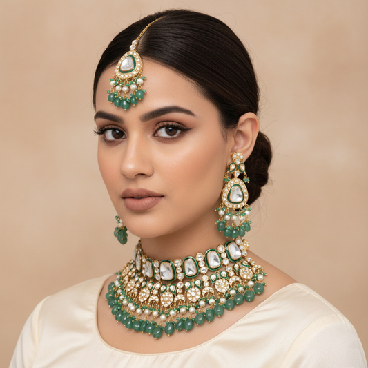 Kundan Polki Choker Necklace with Green Beads & Pearl Drops