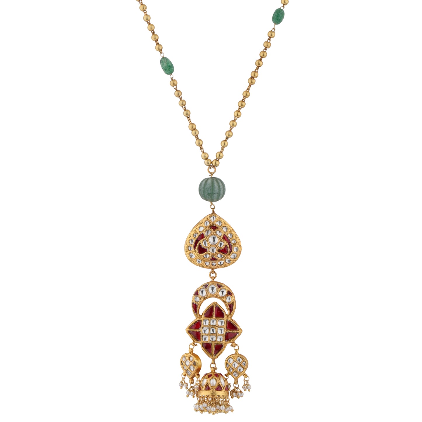 Silver Long Pendant Necklace with Red Enamel, Kundan Work & Jhumka Drop