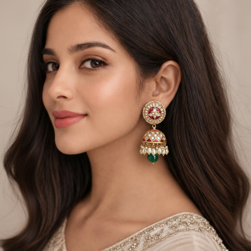 Pure silver ruby jhumka with emerald stone