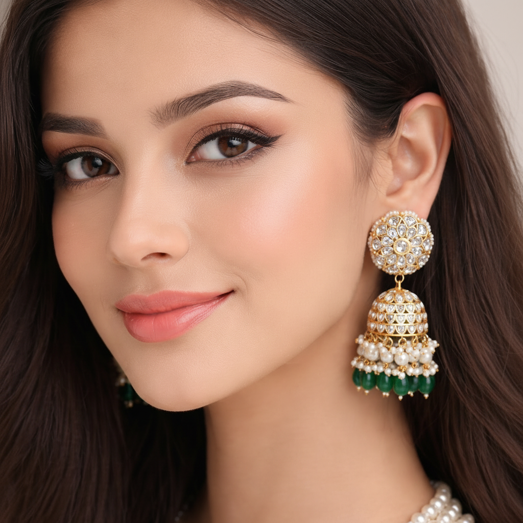Kundan and emerald droplets jhumki