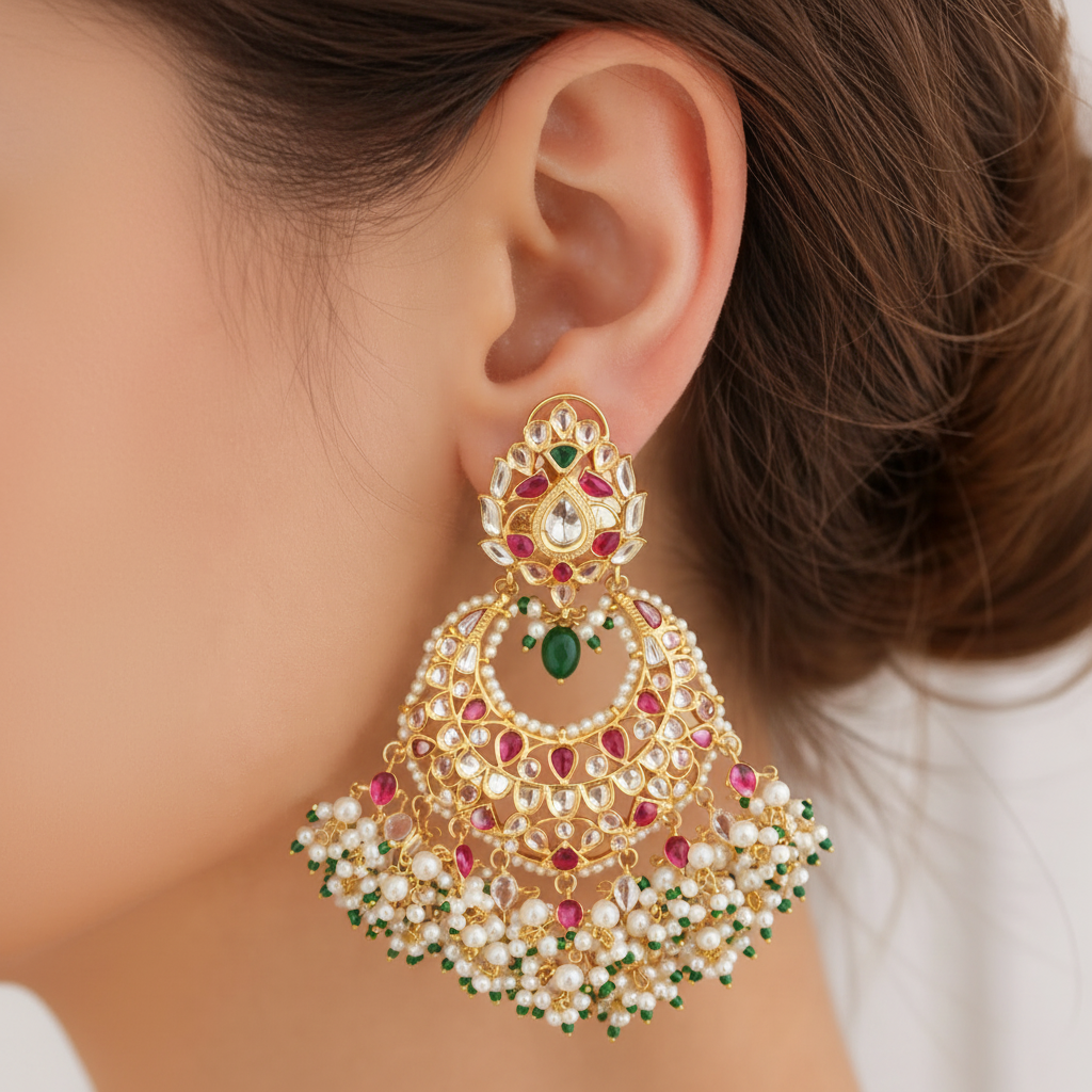 Ruby kundan chandbali earrings