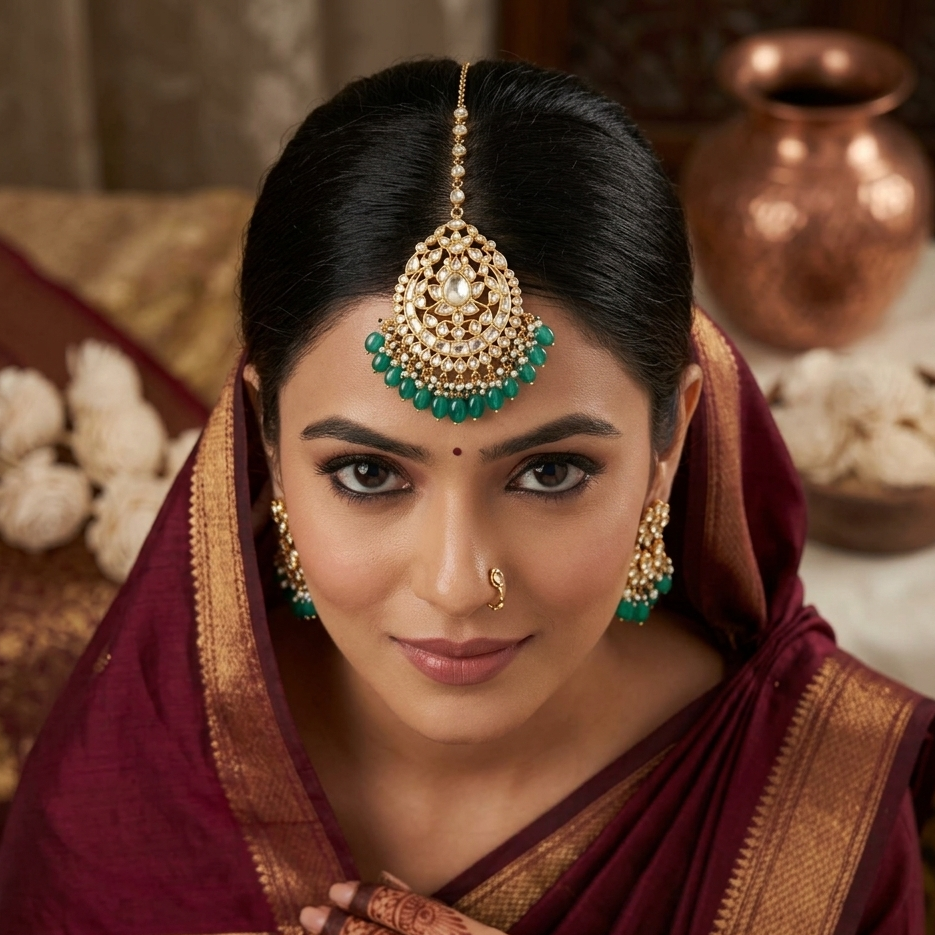 Emerald droplets kundan maang tikka