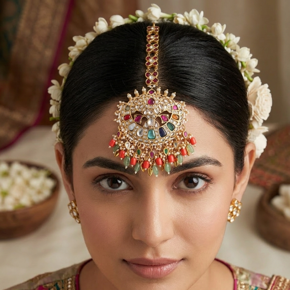 Navratna jadau maang tikka