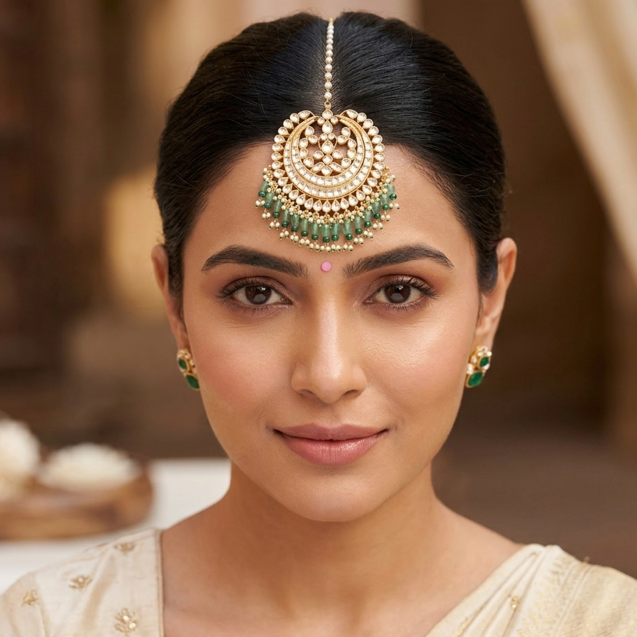 Kundan and emerald droplets maang tikka