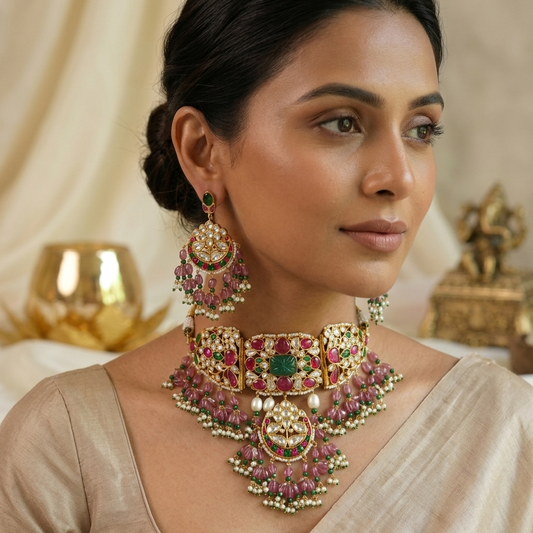 Multicolored Chokhar Necklace Set with Matching Earrings