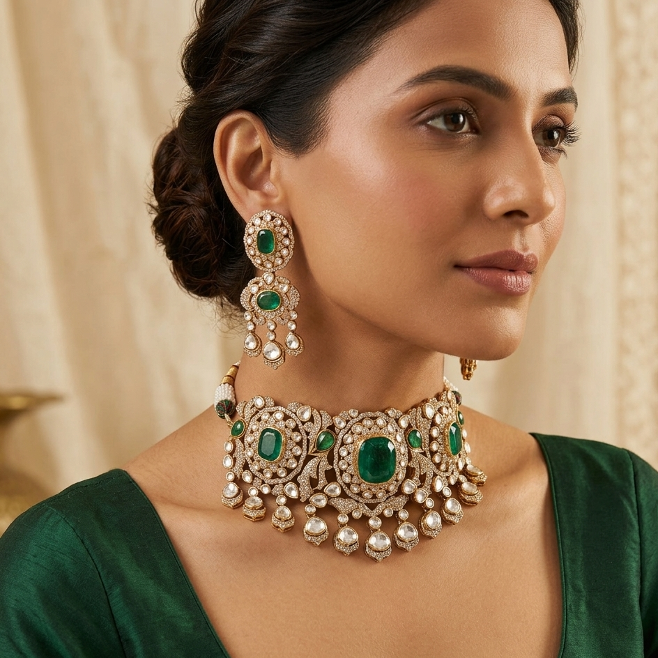 Victorian Gold Plated Moissanite Polki Choker Set