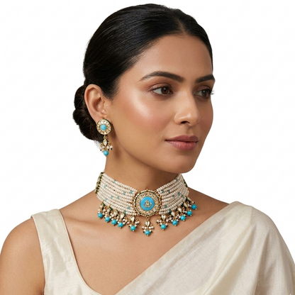 Firoza and pearl chokhar set