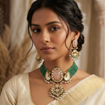 Pink and green beaded chokhar set