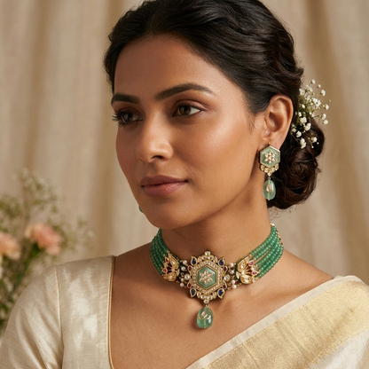 Regal green bead chokhar set