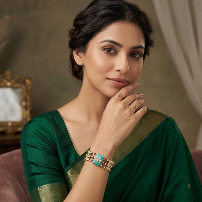 Meenakari lotus kundan firoza bracelet