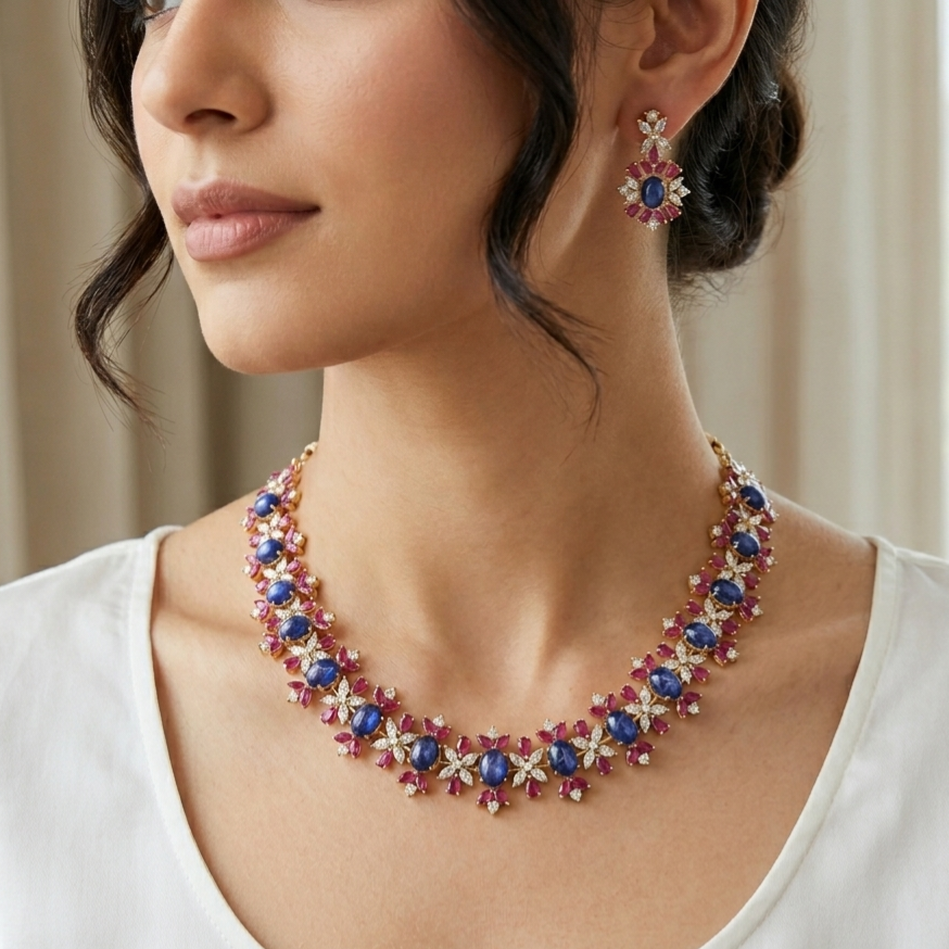 Sapphire and ruby floral necklace set