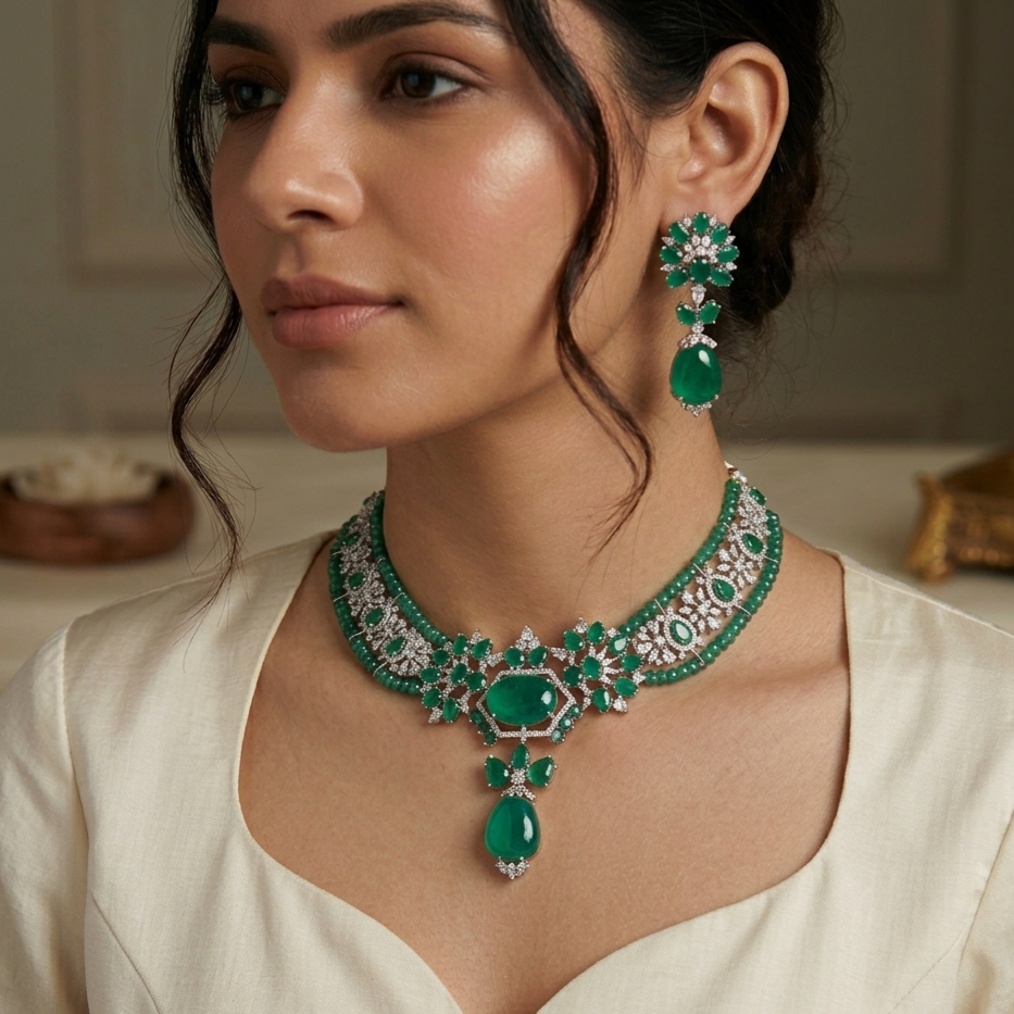 Emerald diamond necklace set