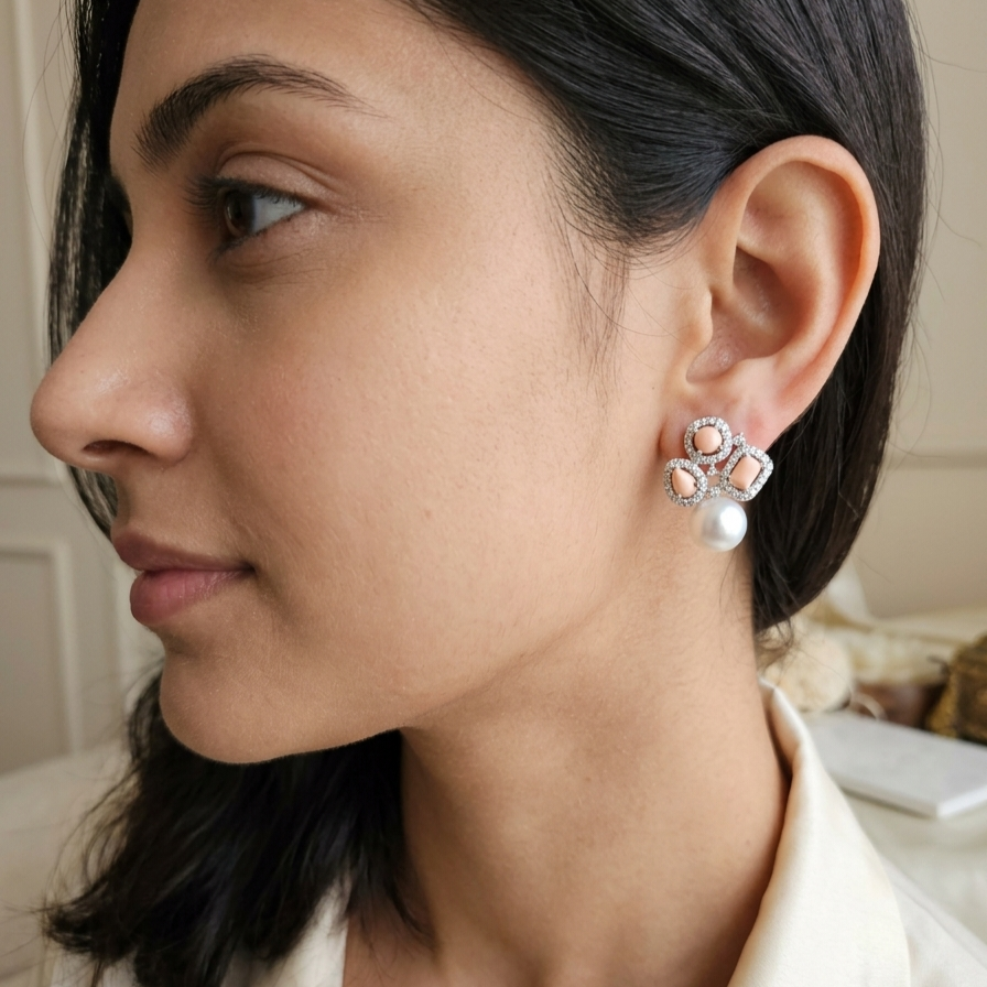Diamond pearl drop earings