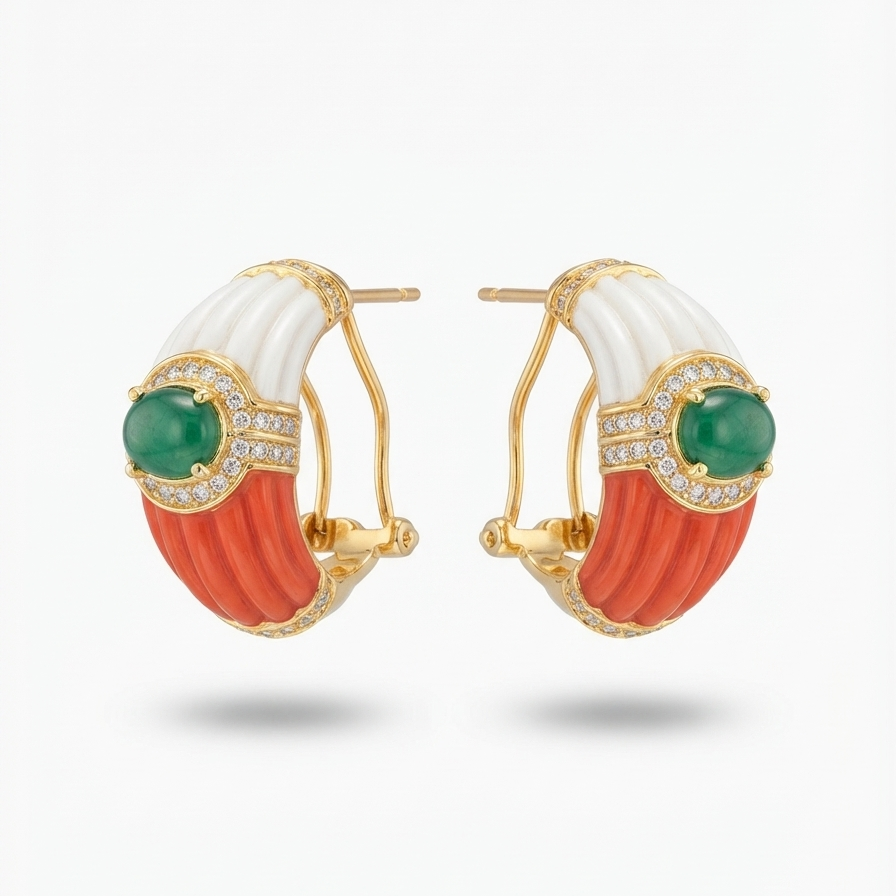 Coral and emrald stone hoops