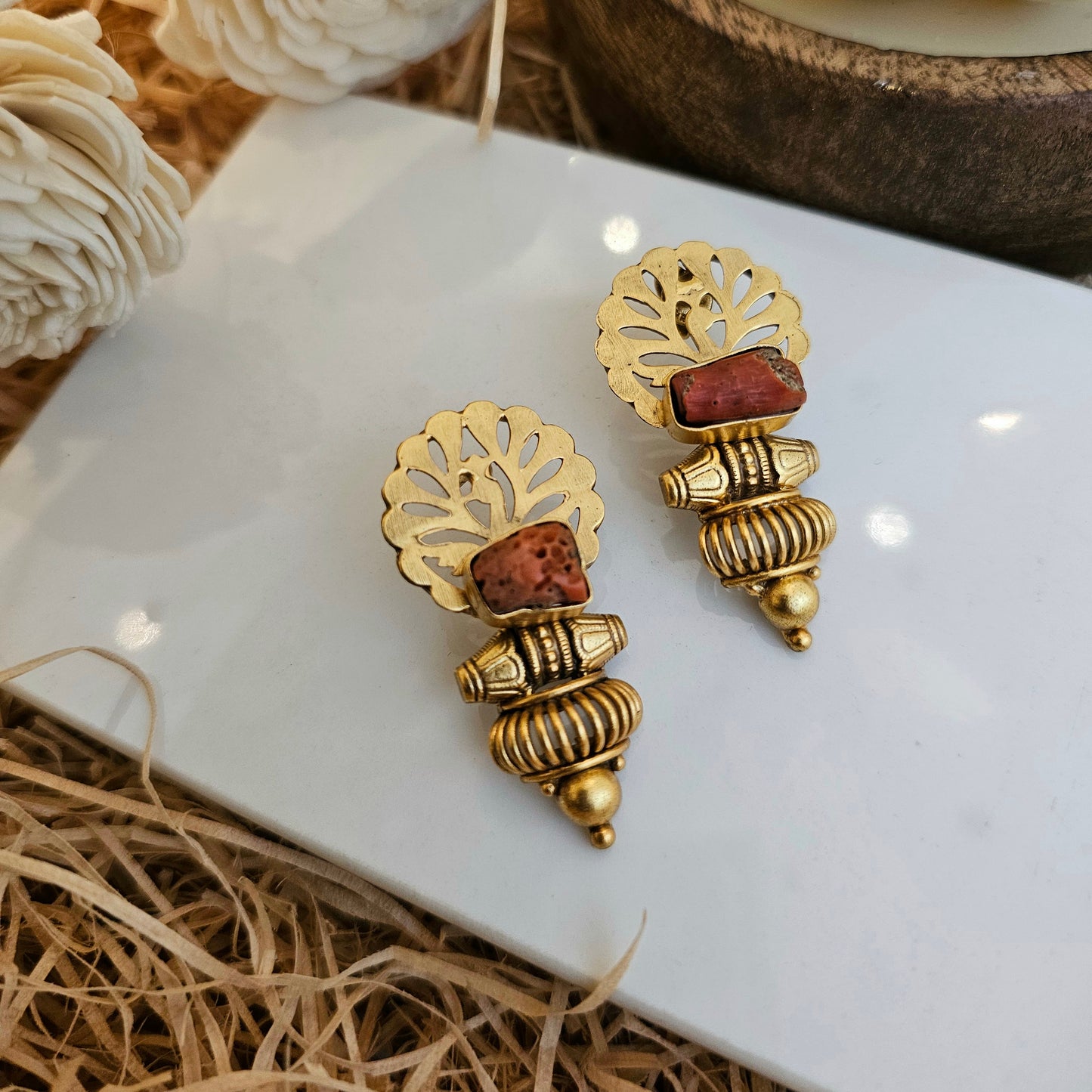 Peacock coral studs