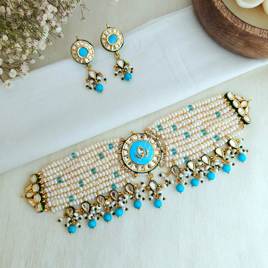 Firoza and pearl chokhar set