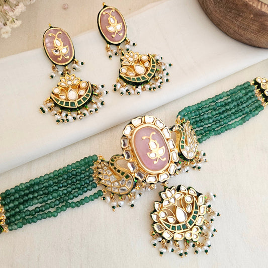 Pink and green beaded chokhar set