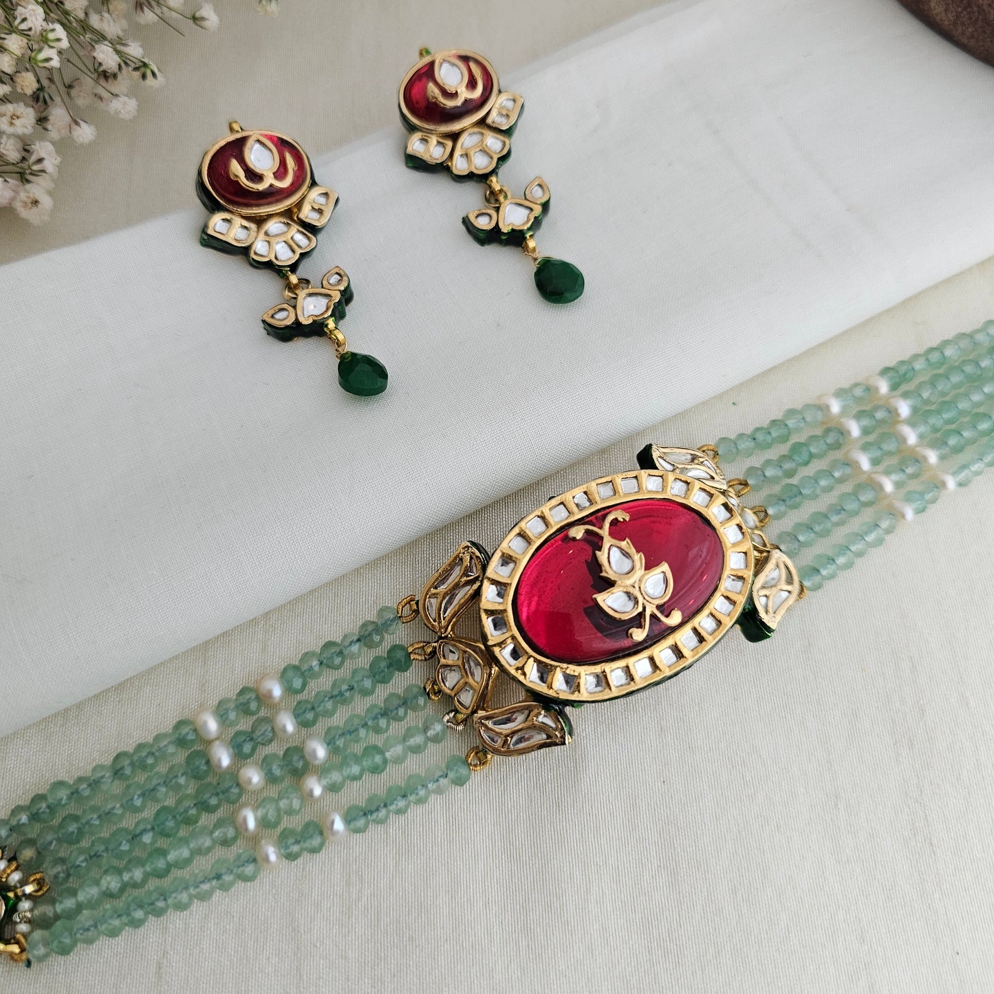Hot pink and green beaded chokar set