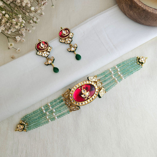 Hot pink and green beaded chokar set