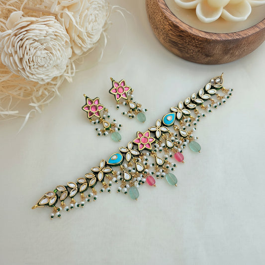 Hot pink and firoza chokar set