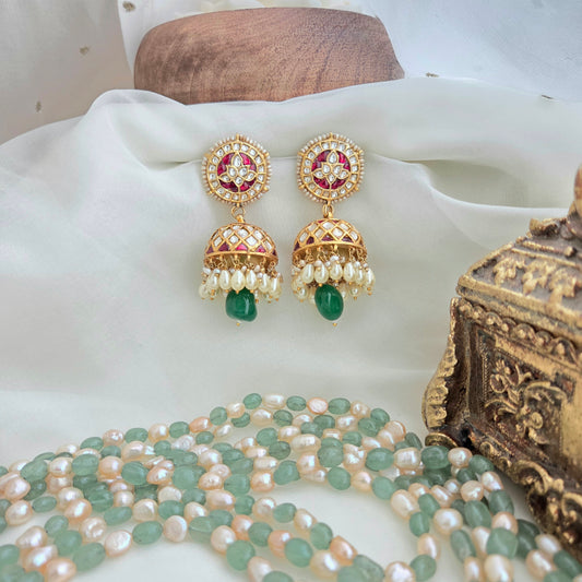 Pure silver ruby jhumka with emerald stone