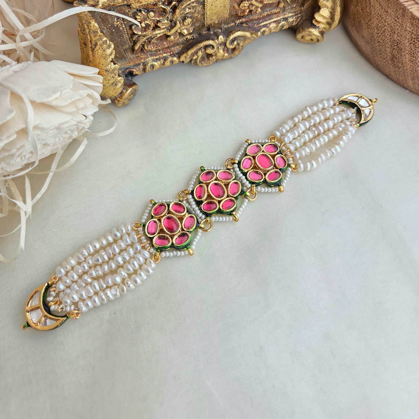 Hot pink kundan and pearl bracelet