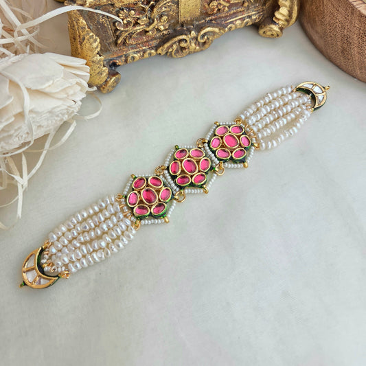 Hot pink kundan and pearl bracelet