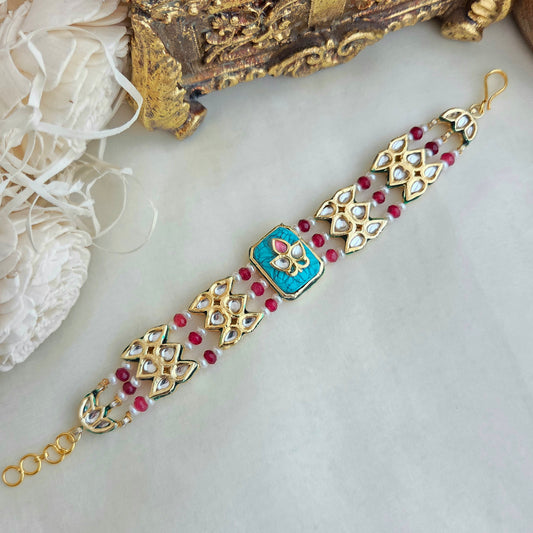 Meenakari lotus kundan firoza bracelet