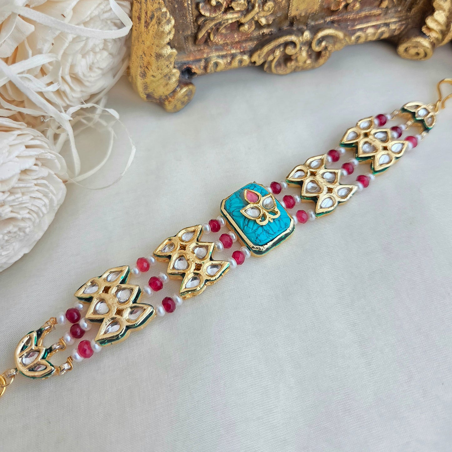 Meenakari lotus kundan firoza bracelet