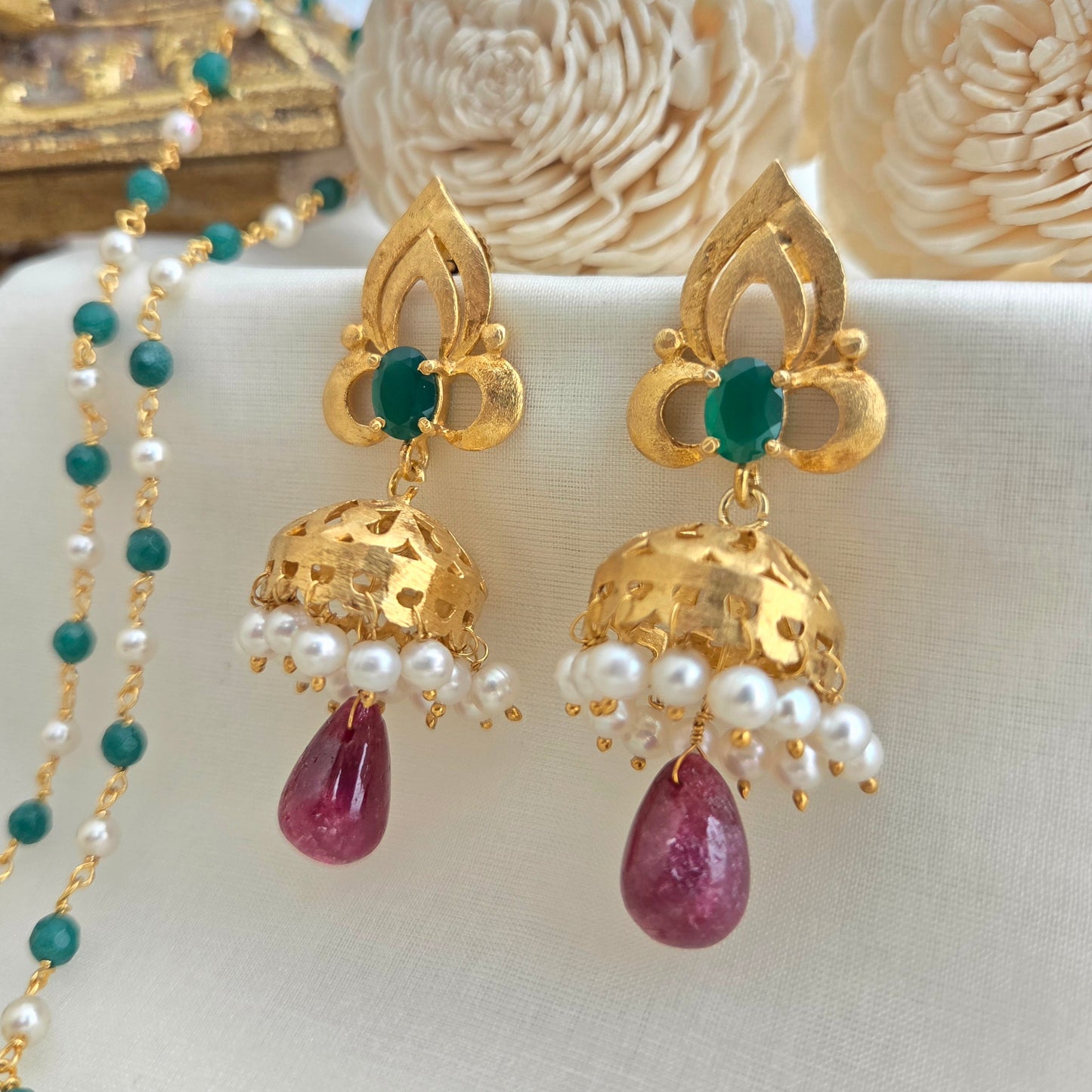Golden and ruby drop jhumki