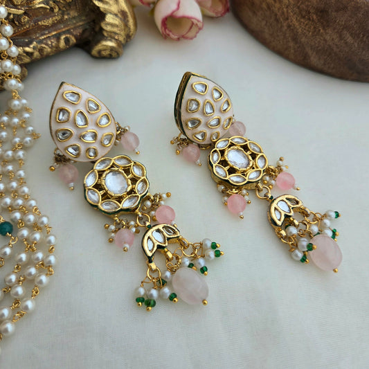 Pink meena kundan earrings