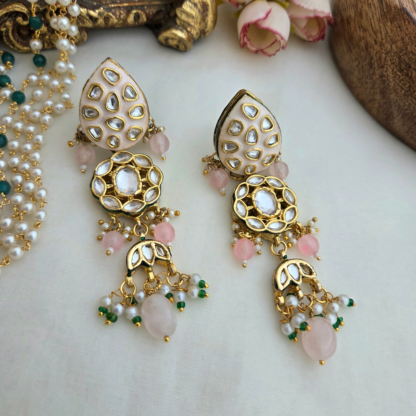 Pink meena kundan earrings