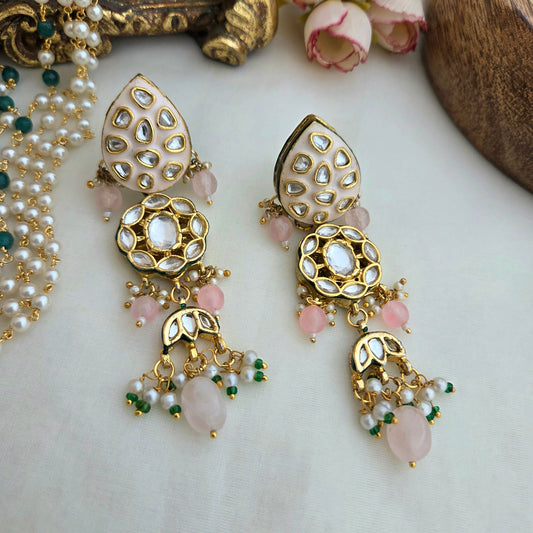 Pink meena kundan earrings