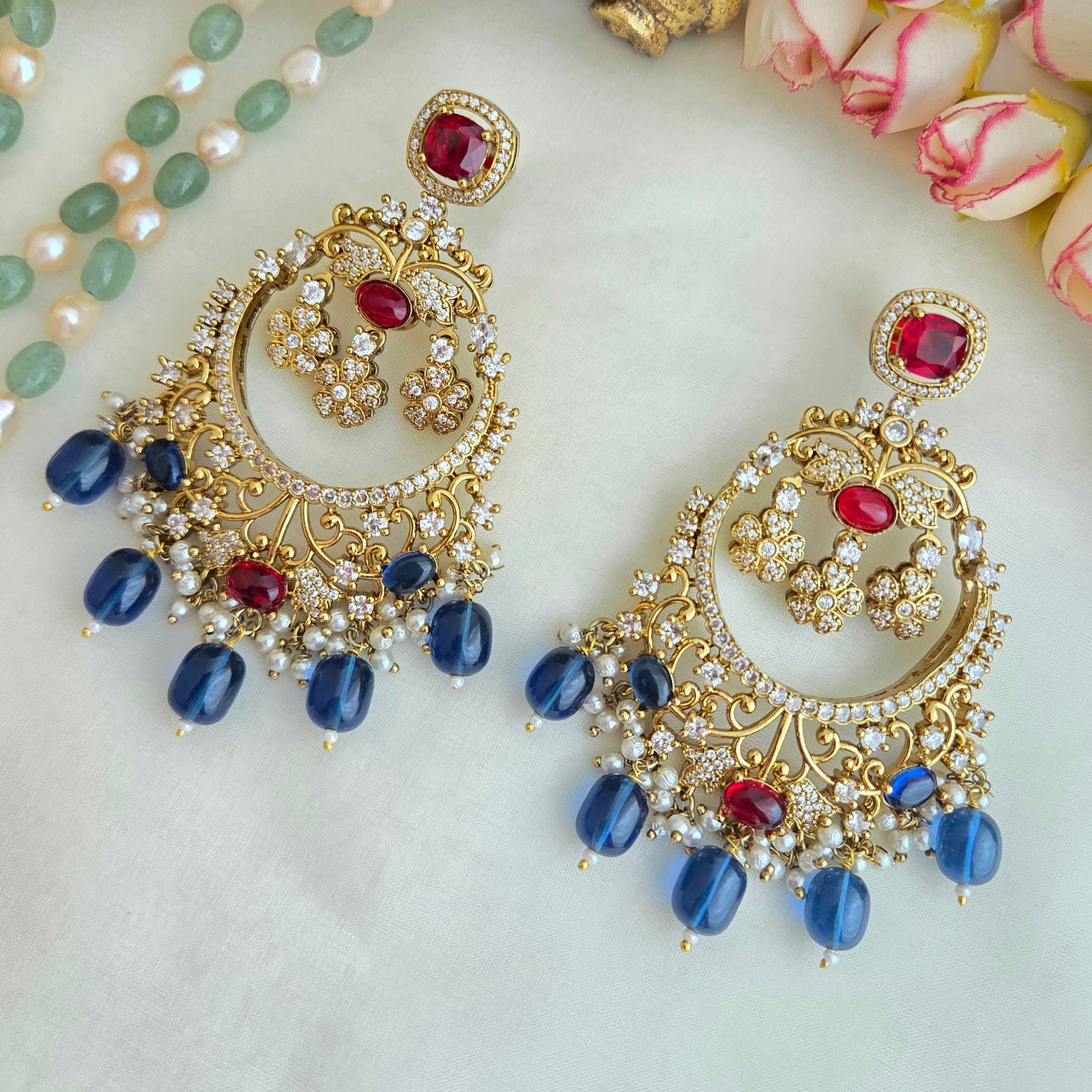 Ruby and blue droplets chandbali