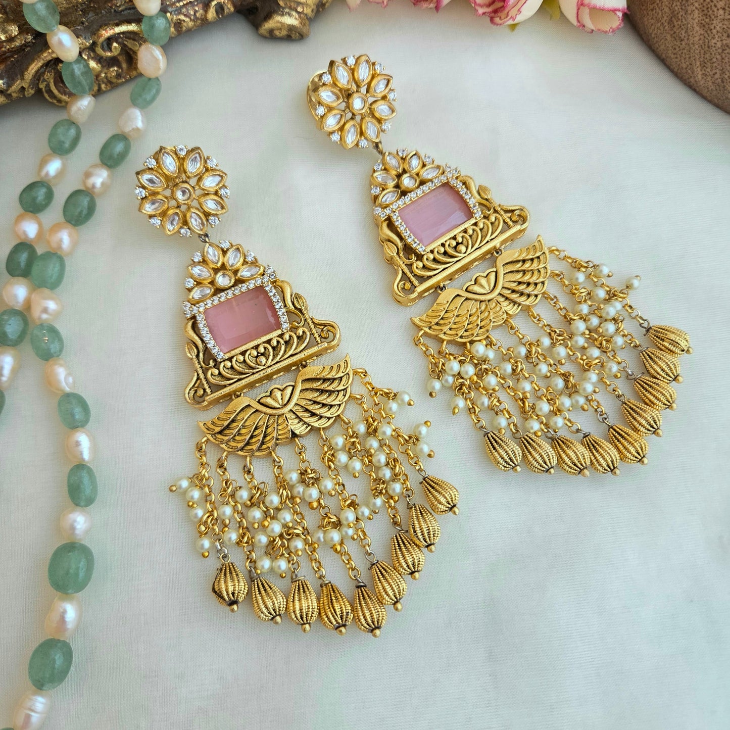 Baby pink long dangler earrings