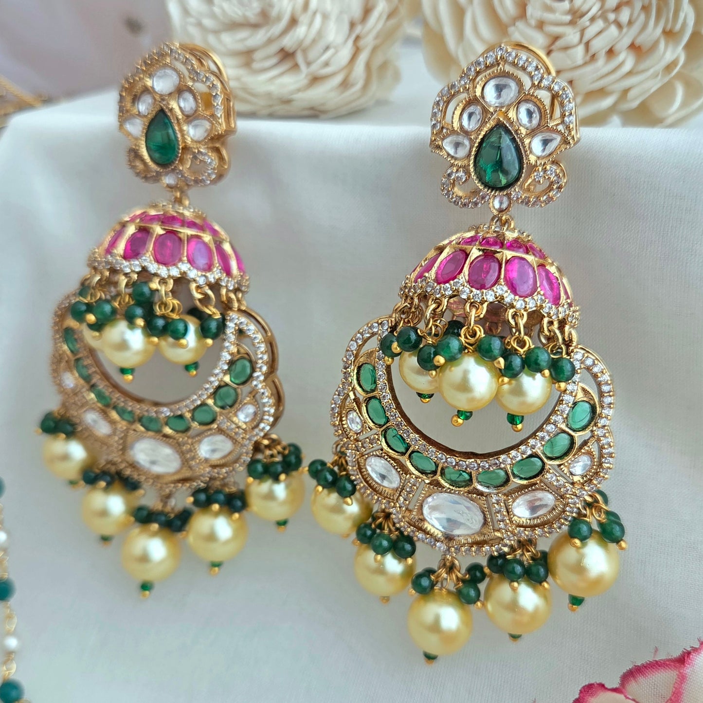 Pink and green jhumka chandbali earrings