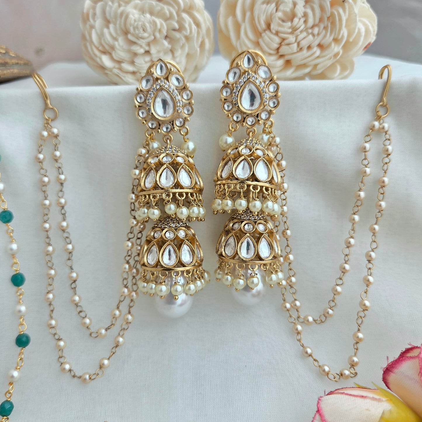 Pearl droplet kundan jhumki with earchains