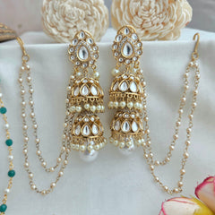Pearl droplet kundan jhumki with earchains