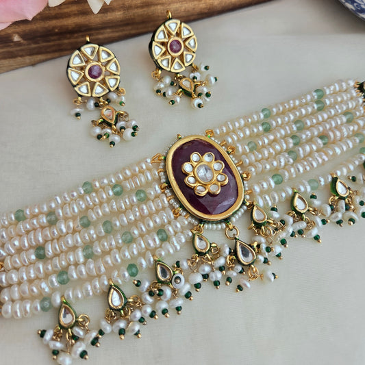 Center Ruby with pearl choker set