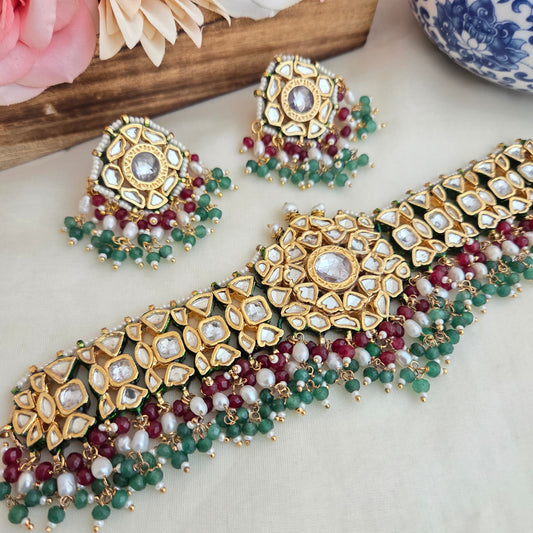 Kundan chokar set with ruby and emrald drops
